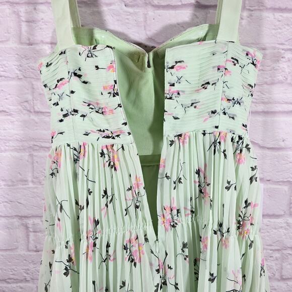 MS Self-Portrait Green Floral Pleat Mini Dress Women Size 2 NWT Sweetheart Cute - Picture 8 of 15